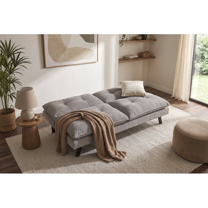 Canapé convertible AZENA 3 places en tissu chenille – Beige et noir – 190 x 80 x 90 cm