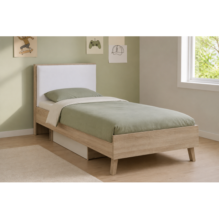 Letto bambino 90x200 con cassetto portaoggetti MALMO - Colori rovere chiaro e bianco