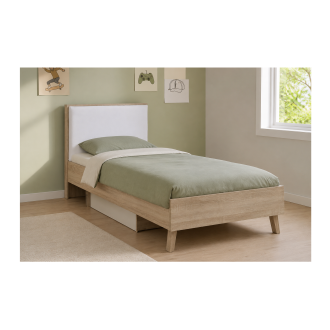 Kinderbett 90x200 mit Bettkasten MALMO – Farbe helles Eichenholz und Weiß
