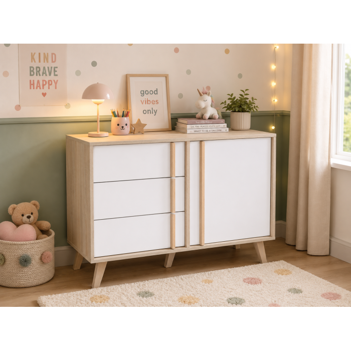 Cassettiera 1 porta e 3 cassetti MALMO color rovere chiaro e bianco