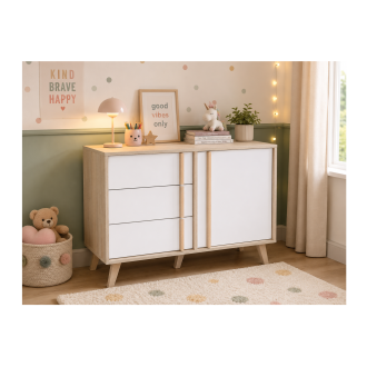 Cassettiera 1 porta e 3 cassetti MALMO color rovere chiaro e bianco