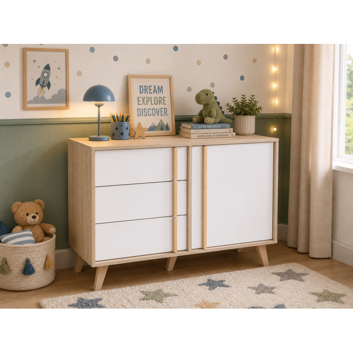 Cassettiera 1 porta e 3 cassetti MALMO color rovere chiaro e bianco