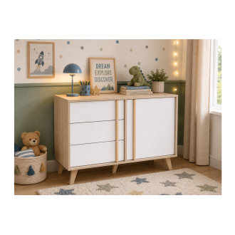 Cassettiera 1 porta e 3 cassetti MALMO color rovere chiaro e bianco
