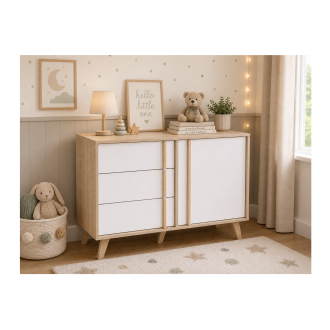 Cassettiera 1 porta e 3 cassetti MALMO color rovere chiaro e bianco