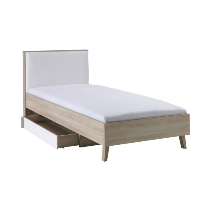 copy of Pack cama WOOD 180 x 200 cm con LED y 2 mesitas de noche – Blanco y roble – Conjunto de dormitorio de diseño