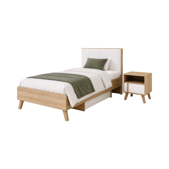 copy of Pack cama WOOD 180 x 200 cm con LED y 2 mesitas de noche – Blanco y roble – Conjunto de dormitorio de diseño