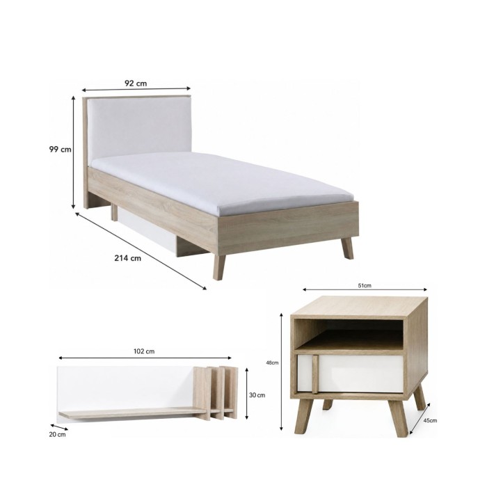 copy of Pack cama WOOD 180 x 200 cm con LED y 2 mesitas de noche – Blanco y roble – Conjunto de dormitorio de diseño
