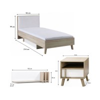 Ensemble pour chambre MALMO : lit 90x200, chevet et étagère dimensions