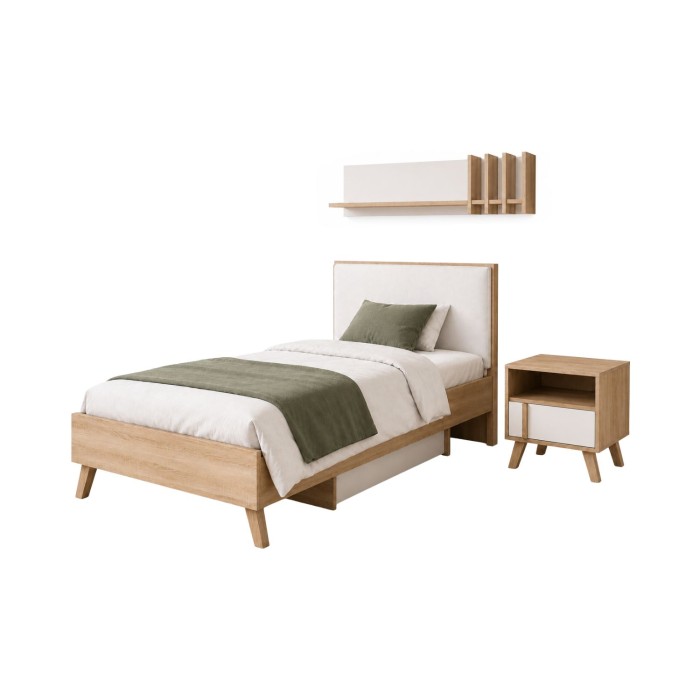 Ensemble pour chambre MALMO : lit 90x200, chevet et étagère