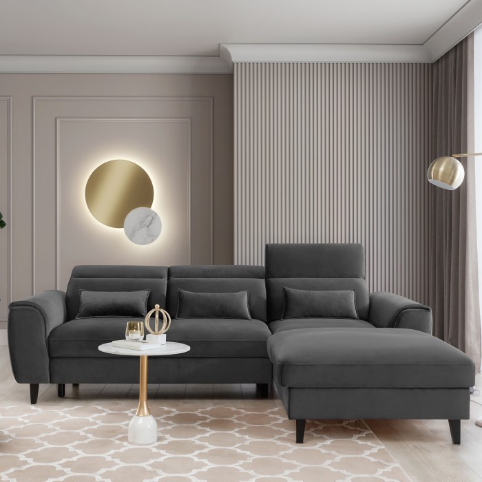 Canapé d'angle convertible gris foncé angle droit 4 places FABLE 