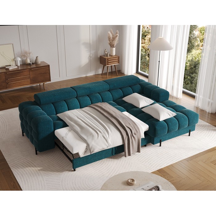 Canapé d'angle droit convertible Bleu canard style épuré 285x99x181cm FILTRO 