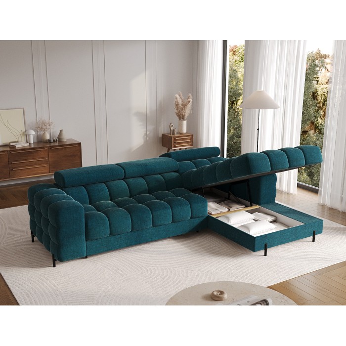 Canapé d'angle droit convertible Bleu canard style épuré 285x99x181cm FILTRO 