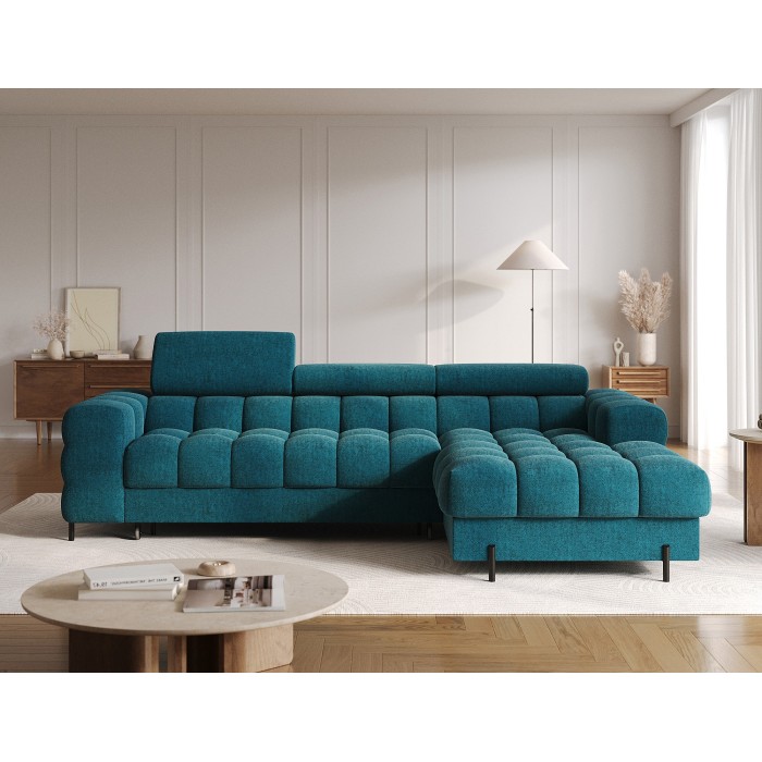 Canapé d'angle droit convertible Bleu canard style épuré 285x99x181cm FILTRO 