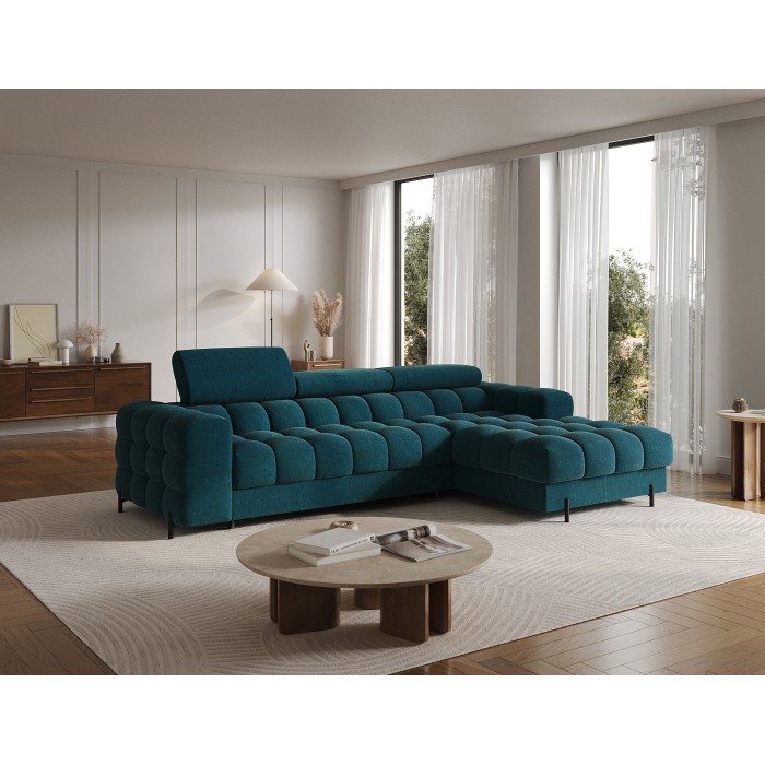 Canapé d'angle droit convertible Bleu canard style épuré 285x99x181cm FILTRO 