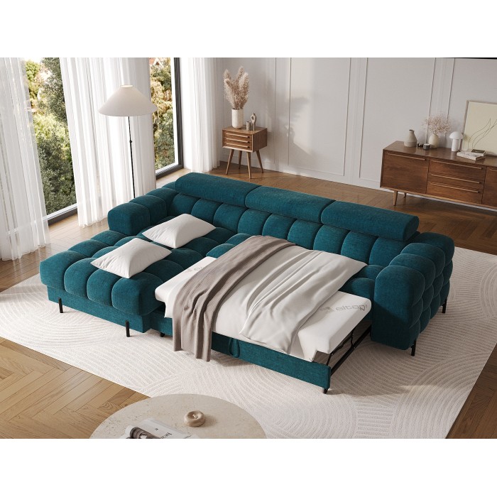 Canapé d'angle gauche convertible Bleu canard style épuré 285x99x181cm FILTRO 