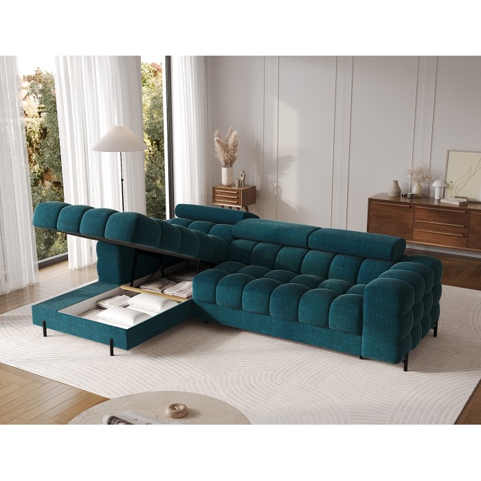 Canapé d'angle gauche convertible Bleu canard style épuré 285x99x181cm FILTRO 