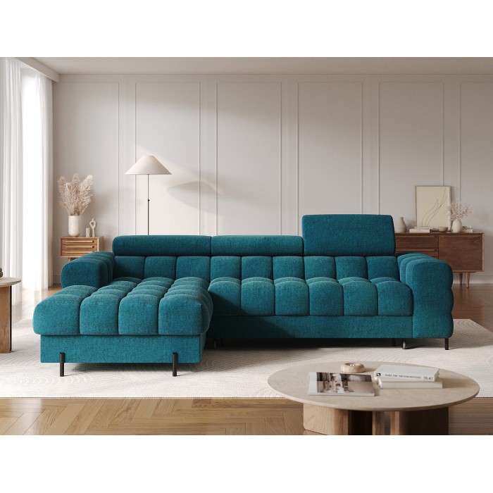 Canapé d'angle gauche convertible Bleu canard style épuré 285x99x181cm FILTRO 