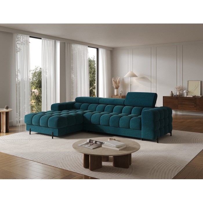 Canapé d'angle gauche convertible Bleu canard style épuré 285x99x181cm FILTRO 