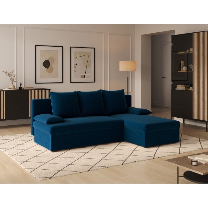 Canapé d'angle Bleu nuit 3 places compact avec coffre 206x90x146cm GINA 