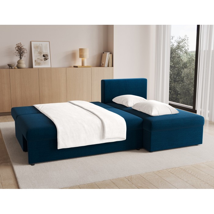 Canapé d'angle Bleu nuit 3 places compact avec coffre 206x90x146cm GINA 