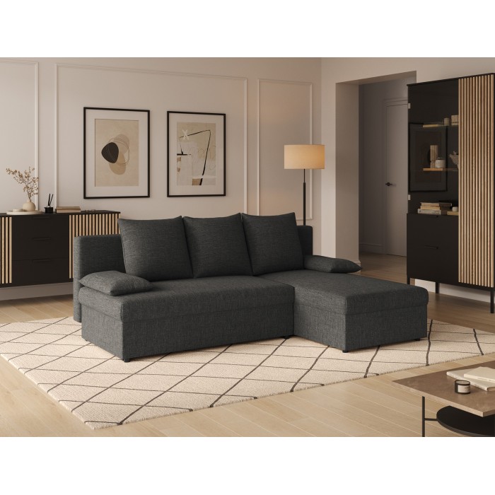 Canapé d'angle Gris foncé 3 places couchage 124x201cm 206x90x146cm GINA 