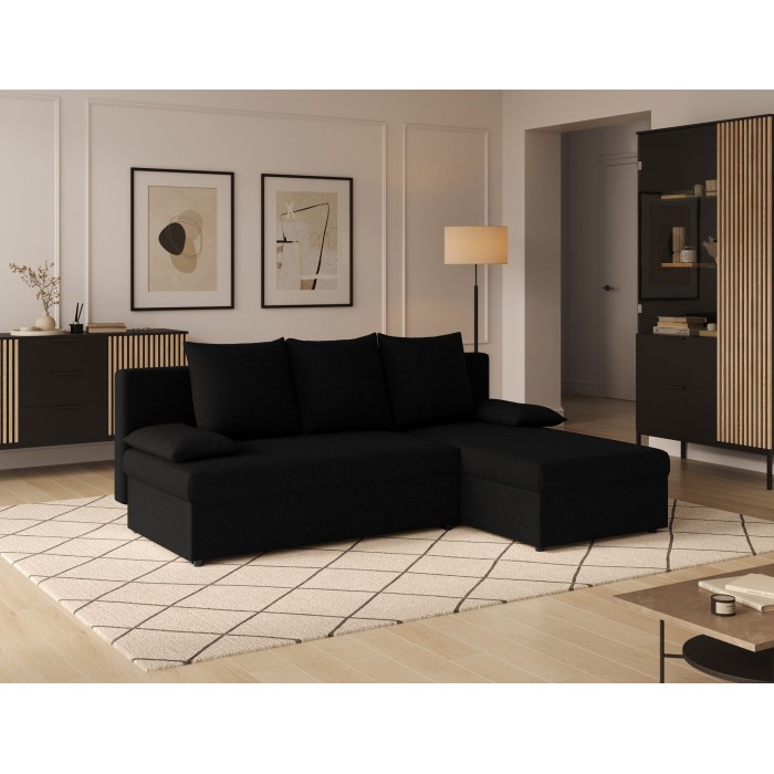 Canapé d'angle Noir 3 places méridienne universelle 206x90x146cm GINA 