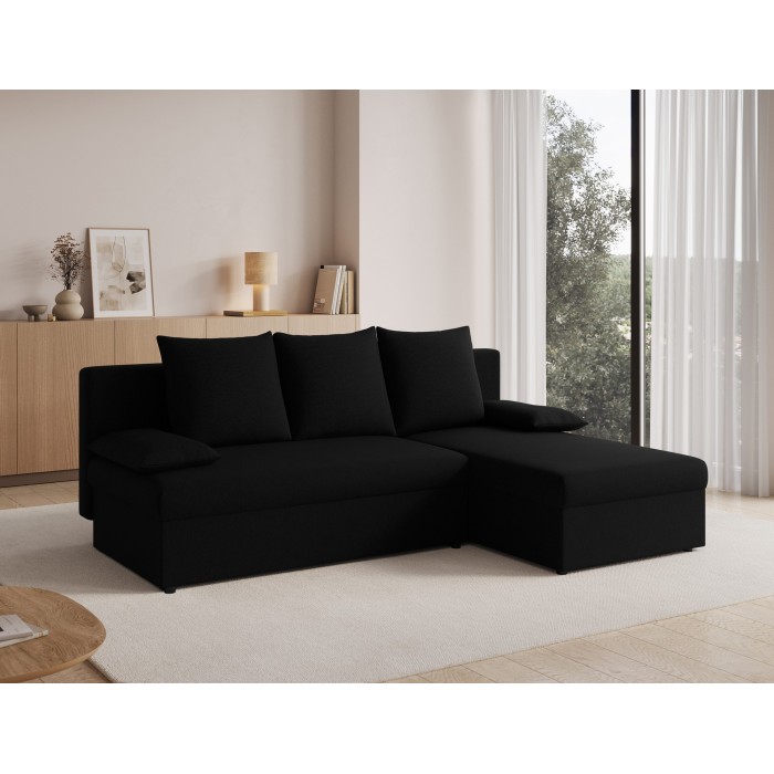 Canapé d'angle Noir 3 places méridienne universelle 206x90x146cm GINA 