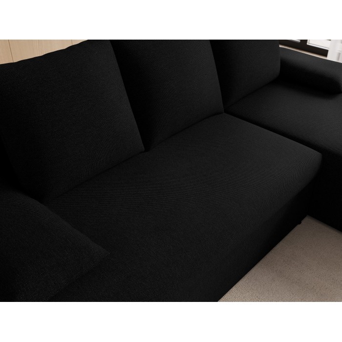 Canapé d'angle Noir 3 places méridienne universelle 206x90x146cm GINA 