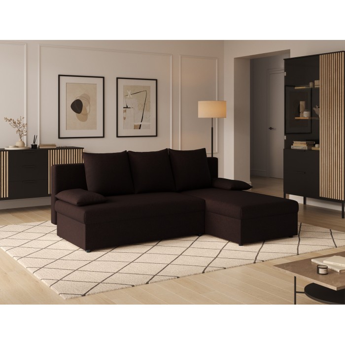 Canapé d'angle Marron foncé 3 places convertible avec rangement 206x90x146cm GINA 