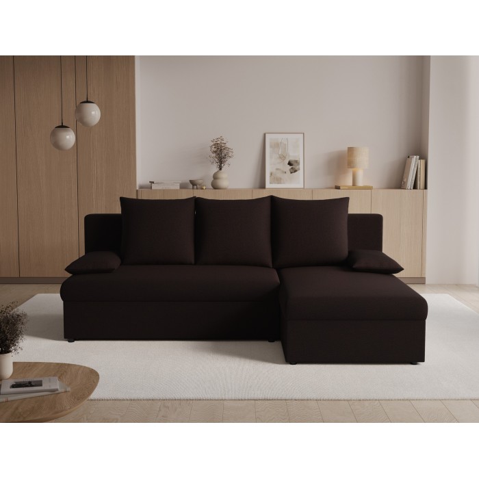 Canapé d'angle Marron foncé 3 places convertible avec rangement 206x90x146cm GINA 