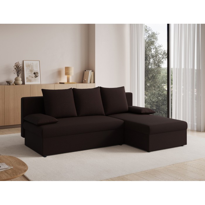 Canapé d'angle Marron foncé 3 places convertible avec rangement 206x90x146cm GINA 
