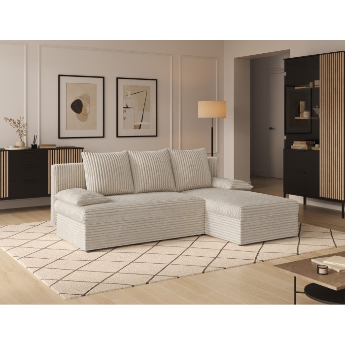Canapé d'angle Beige clair 3 places coffre à literie 206x90x146cm GINA 