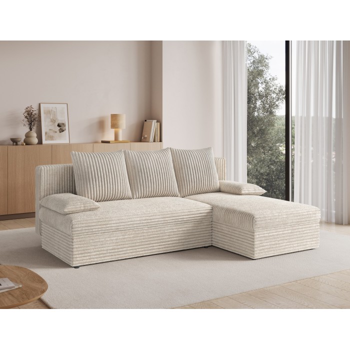 Canapé d'angle Beige clair 3 places coffre à literie 206x90x146cm GINA 
