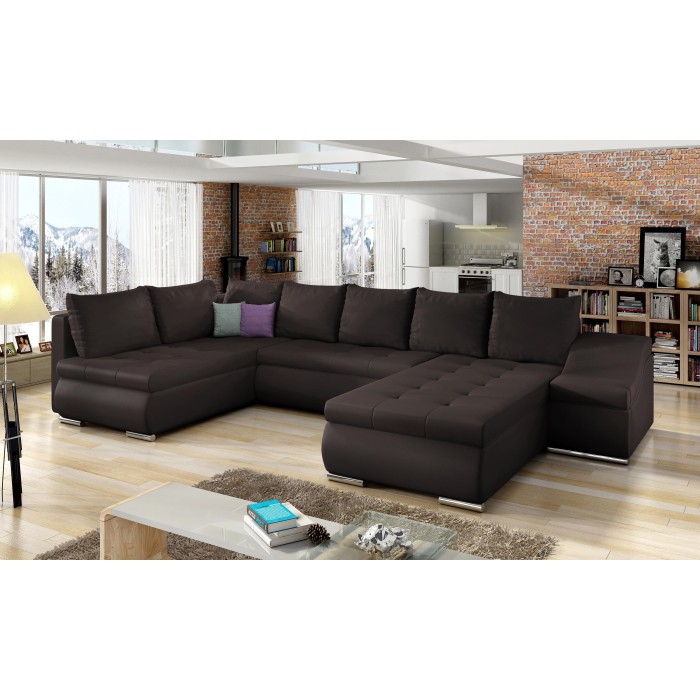 Canapé panoramique GYOVANI chocolat angle droit convertible avec coffre 