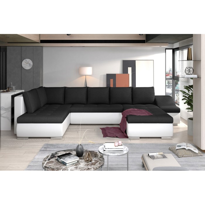Canapé panoramique GYOVANI noir et blanc angle droit convertible couchage 140x294cm 