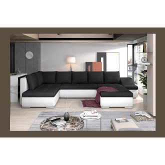 Canapé panoramique GYOVANI noir et blanc angle droit convertible couchage 140x294cm 