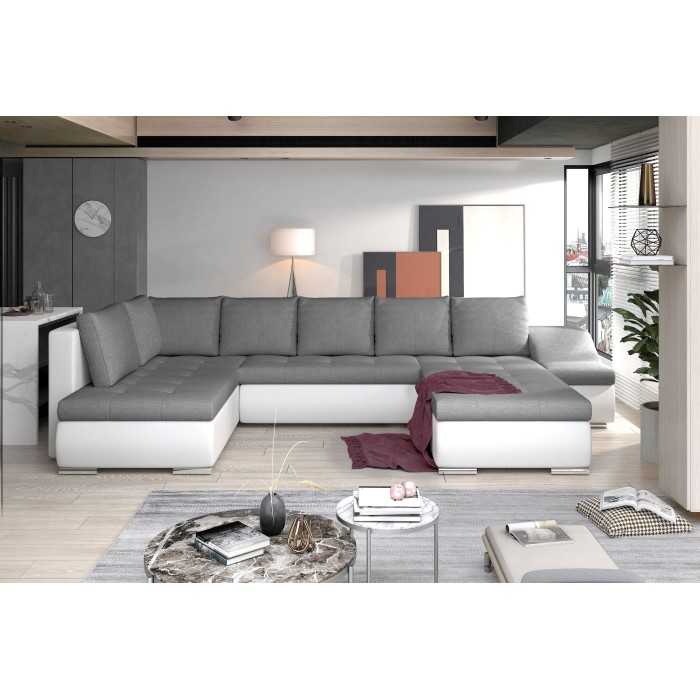Canapé panoramique GYOVANI gris et blanc angle droit convertible 6 places 