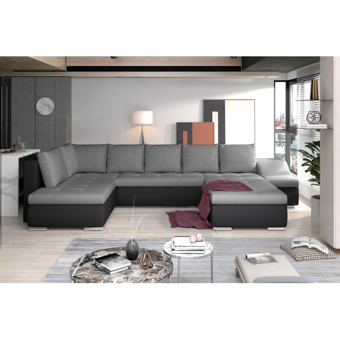 Canapé panoramique GYOVANI gris et noir angle droit convertible pieds métal 