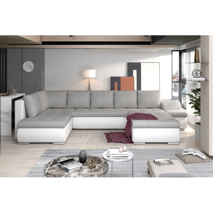 Canapé panoramique GYOVANI gris et blanc angle droit convertible avec têtières 