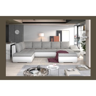 Canapé panoramique GYOVANI gris et blanc angle droit convertible avec têtières 