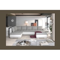 Canapé panoramique GYOVANI gris et blanc angle droit convertible avec têtières 