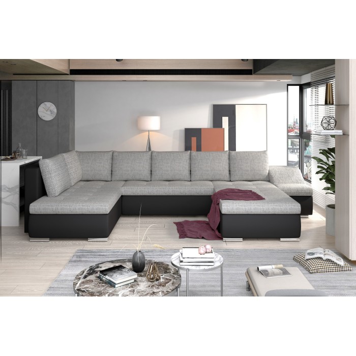 Canapé panoramique GYOVANI gris clair et noir angle droit convertible avec coffre 