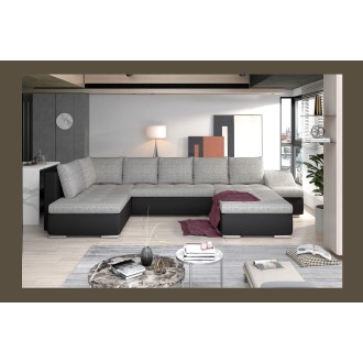 Canapé panoramique GYOVANI gris clair et noir angle droit convertible avec coffre 