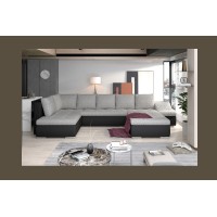 Canapé panoramique GYOVANI gris clair et noir angle droit convertible avec coffre 