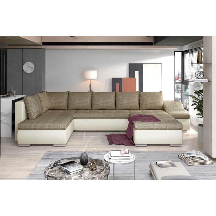 Canapé panoramique GYOVANI beige et blanc angle droit convertible couchage 140x294cm 