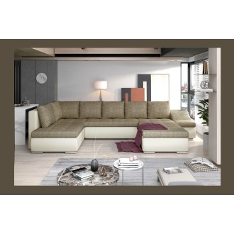 Canapé panoramique GYOVANI beige et blanc angle droit convertible couchage 140x294cm 