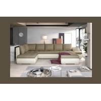 Canapé panoramique GYOVANI beige et blanc angle droit convertible couchage 140x294cm 