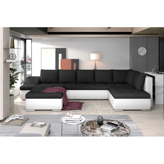 Canapé panoramique GYOVANI noir et blanc angle gauche convertible avec têtières 