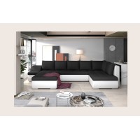 Canapé panoramique GYOVANI noir et blanc angle gauche convertible avec têtières 