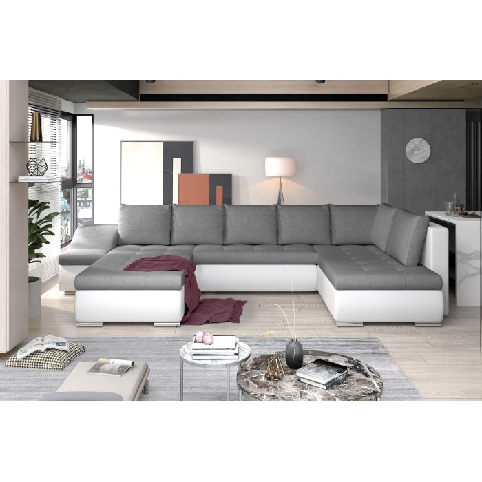 Canapé panoramique GYOVANI gris et blanc angle gauche convertible avec coffre 
